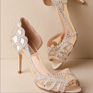 BHLDN Badgley Mischka Marla d’Orsay bridal wedding heels, Ivory Satin.